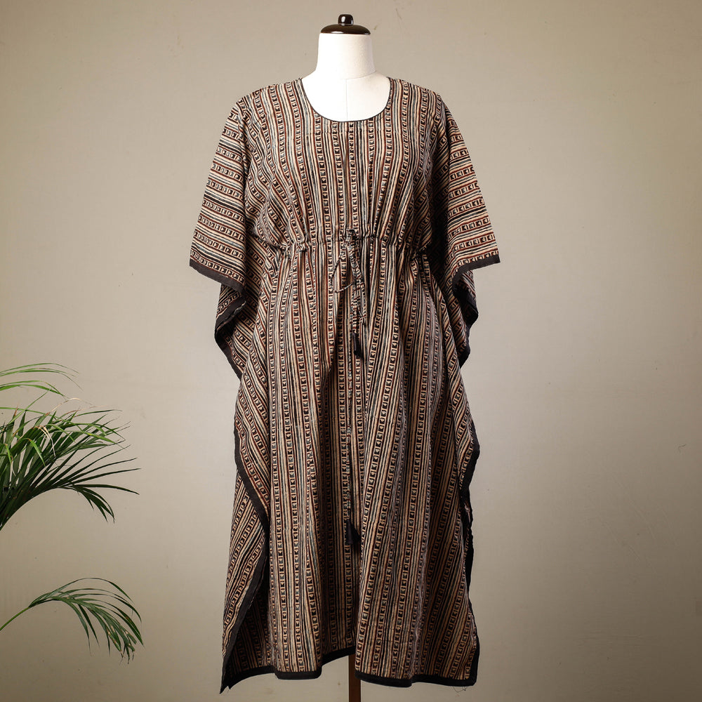 Brown - Ajrakh Hand Block Printed Cotton Kaftan with Tie-Up Waist (Long)