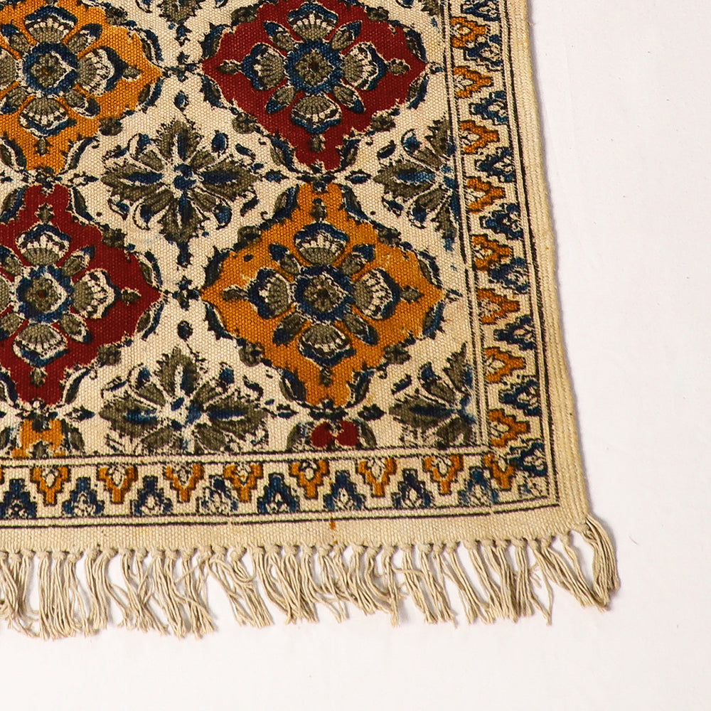 Warangal Weave Kalamkari Block Printed Cotton Durrie / Carpet / Rug (49 x 25 in)