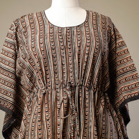 Brown - Ajrakh Hand Block Printed Cotton Kaftan with Tie-Up Waist (Long)