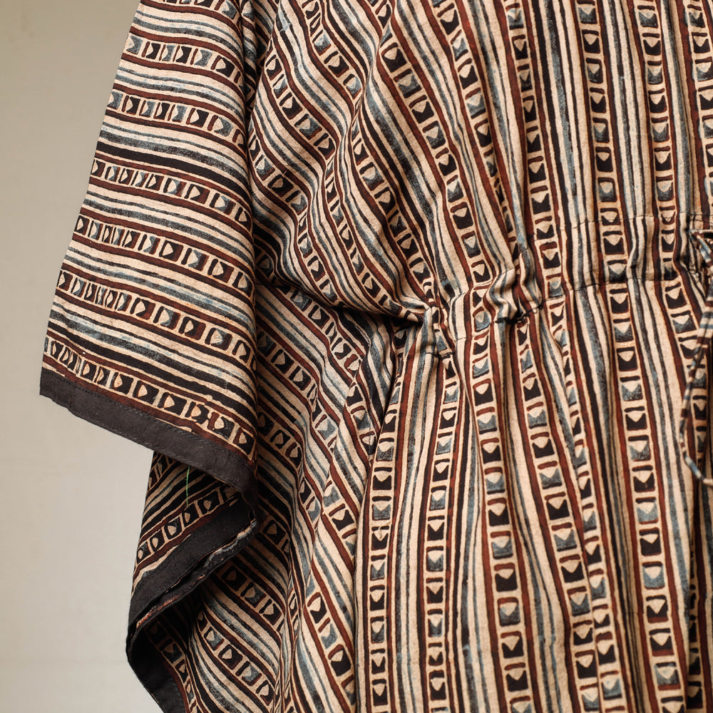 Brown - Ajrakh Hand Block Printed Cotton Kaftan with Tie-Up Waist (Long)