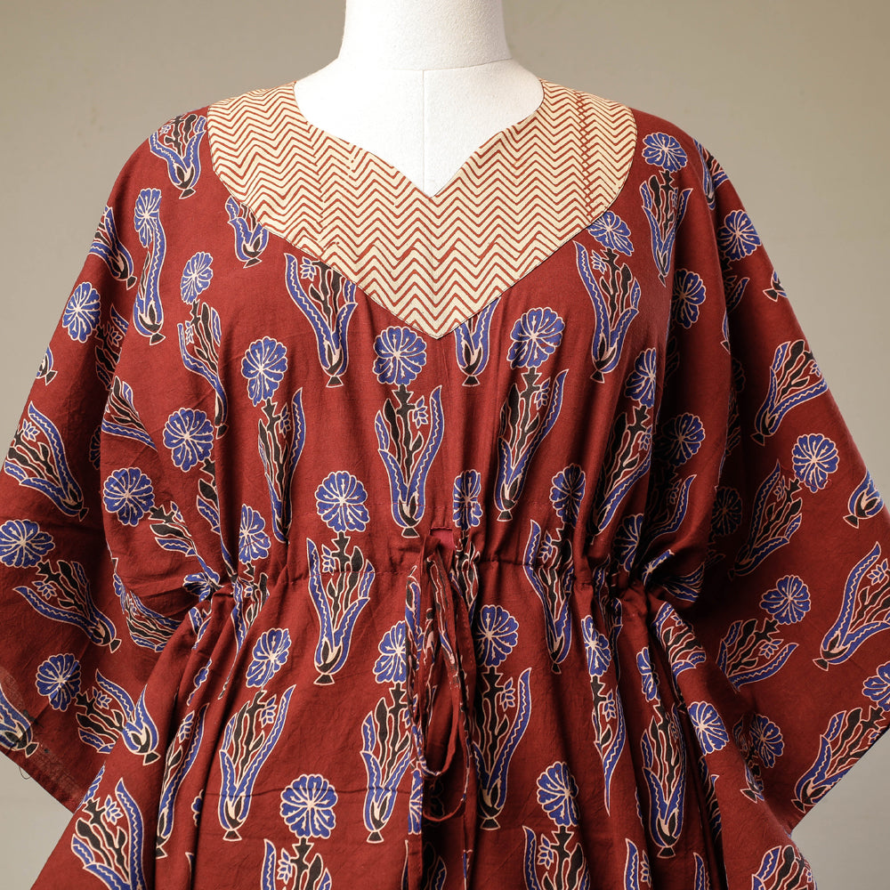 Red - Ajrakh Hand Block Printed Cotton Kaftan with Tie-Up Waist (Long)