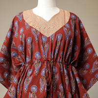 Red - Ajrakh Hand Block Printed Cotton Kaftan with Tie-Up Waist (Long)