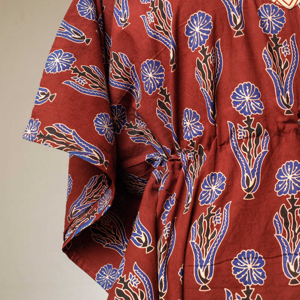 Red - Ajrakh Hand Block Printed Cotton Kaftan with Tie-Up Waist (Long)