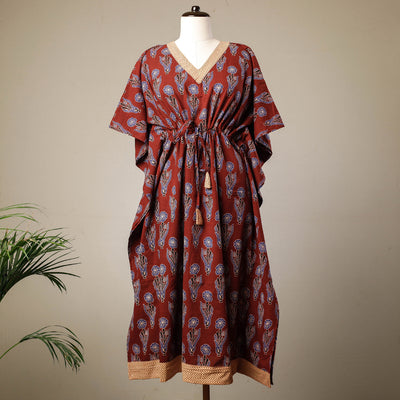 Red - Ajrakh Hand Block Printed Cotton Kaftan with Tie-Up Waist (Long)