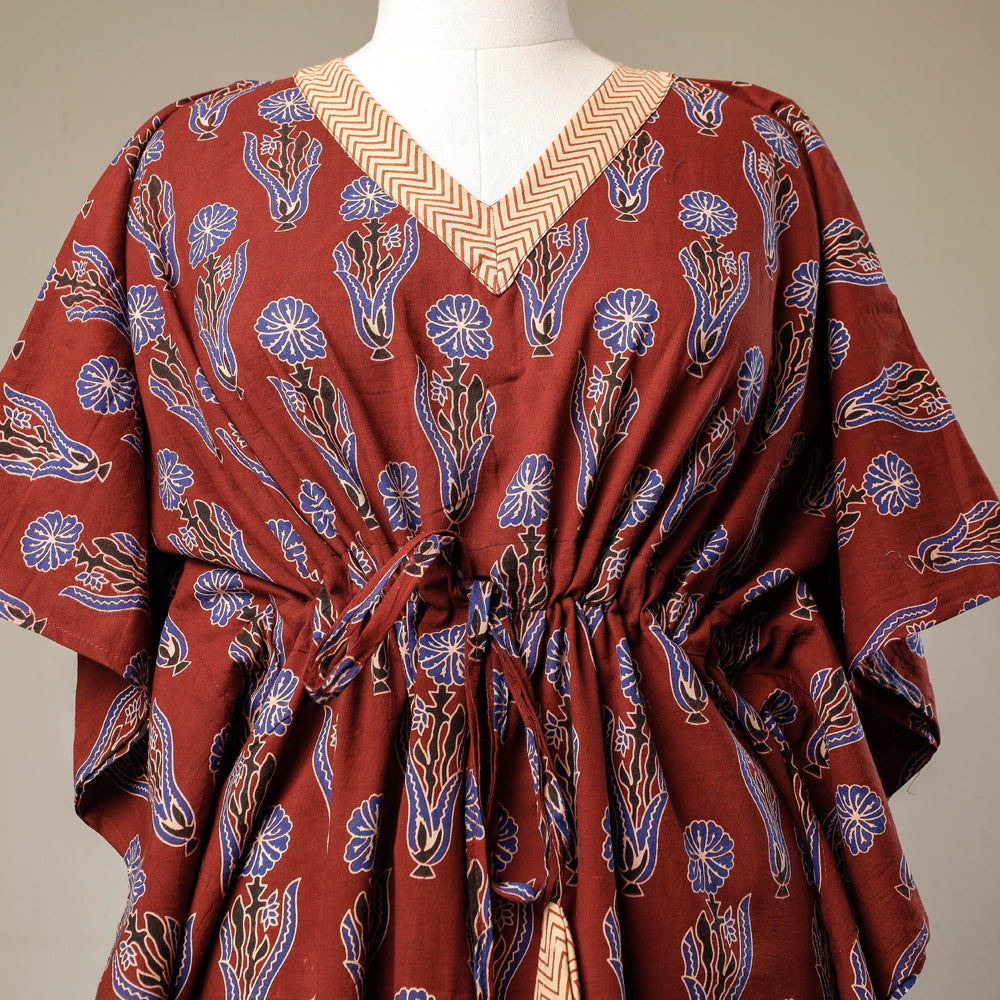 Red - Ajrakh Hand Block Printed Cotton Kaftan with Tie-Up Waist (Long)