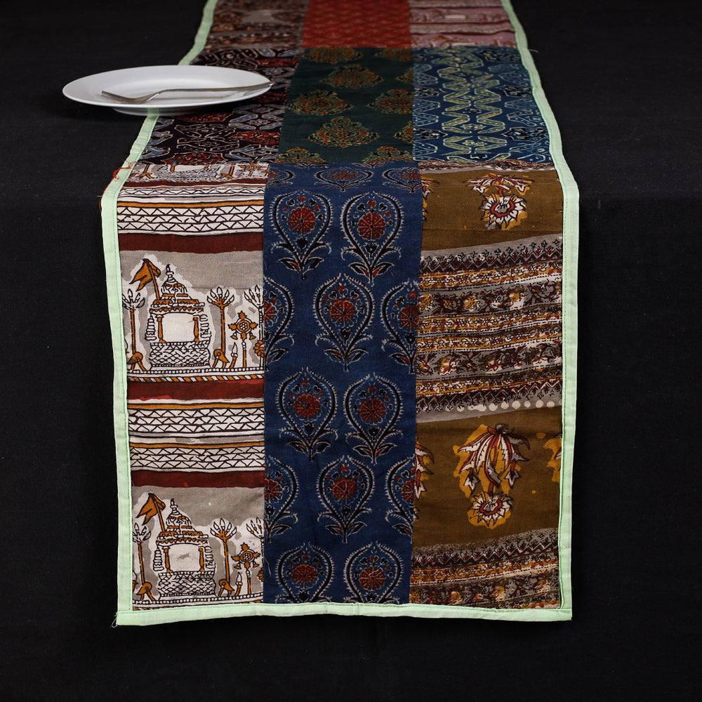 Multicolor Block Printed Patchwork Cotton Table Runner
