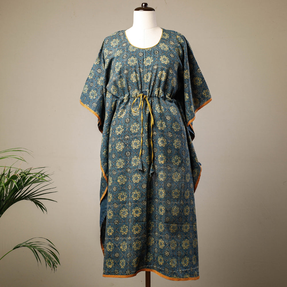 Green - Ajrakh Hand Block Printed Cotton Kaftan with Tie-Up Waist (Long)