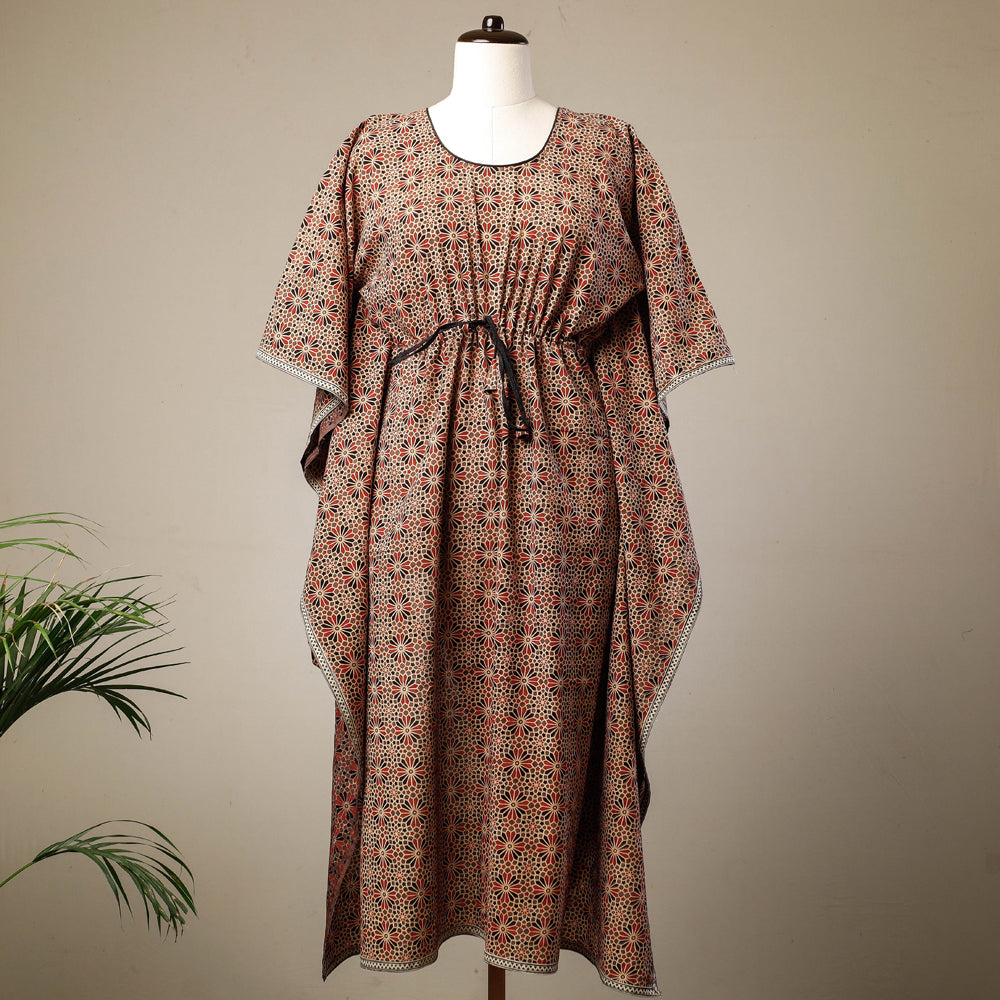 Brown - Ajrakh Hand Block Printed Cotton Kaftan with Tie-Up Waist (Long)