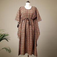 Brown - Ajrakh Hand Block Printed Cotton Kaftan with Tie-Up Waist (Long)