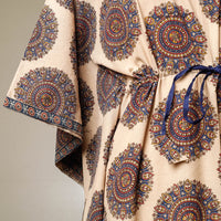 Beige - Ajrakh Hand Block Printed Cotton Kaftan with Tie-Up Waist (Long)