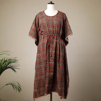 Brown - Ajrakh Hand Block Printed Cotton Kaftan with Tie-Up Waist (Long)