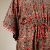 Brown - Ajrakh Hand Block Printed Cotton Kaftan with Tie-Up Waist (Long)