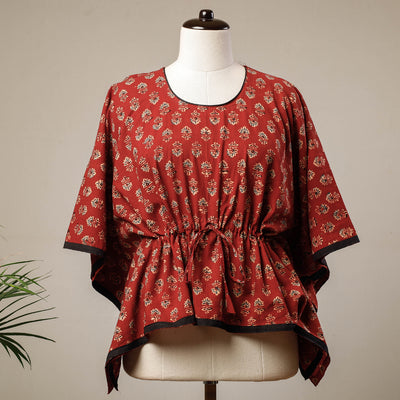 Red - Ajrakh Hand Block Printed Cotton Kaftan with Tie-Up Waist (Short)