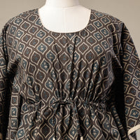 Brown - Ajrakh Hand Block Printed Cotton Kaftan with Tie-Up Waist (Short)