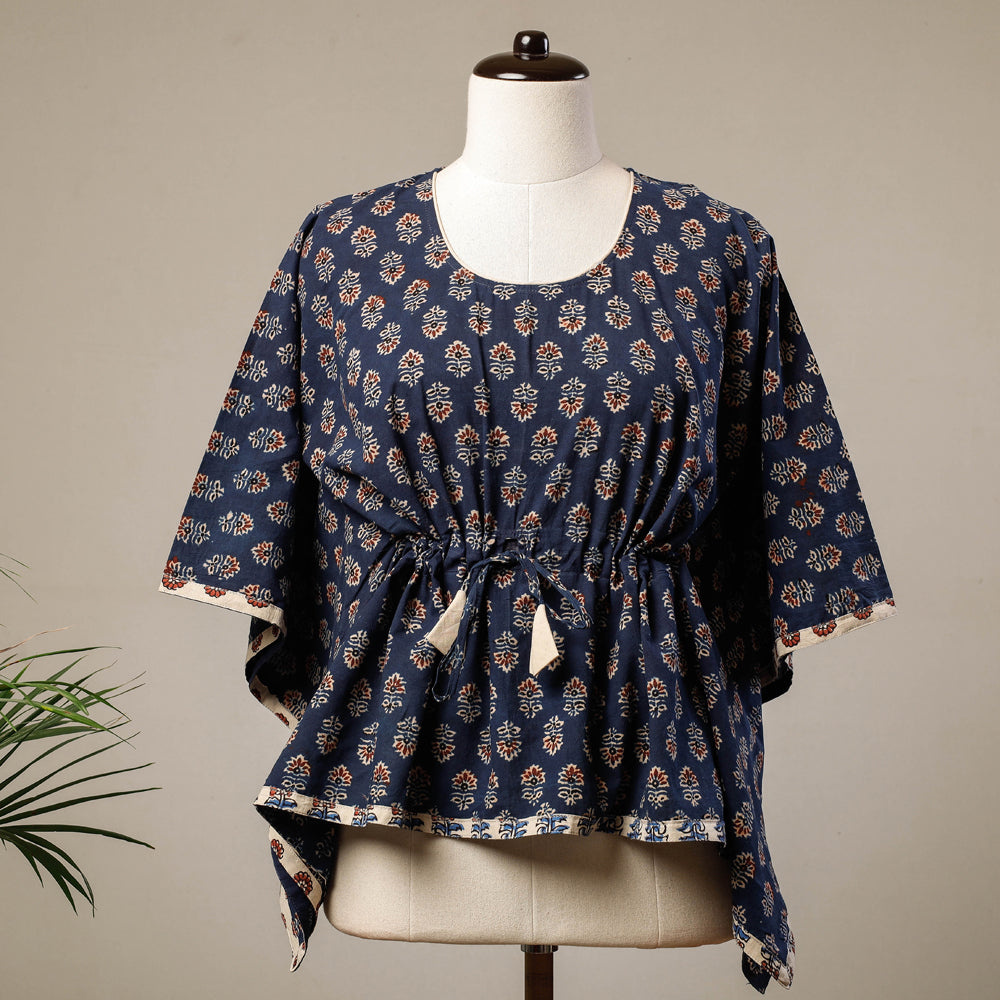 Blue - Ajrakh Hand Block Printed Cotton Kaftan with Tie-Up Waist (Short)