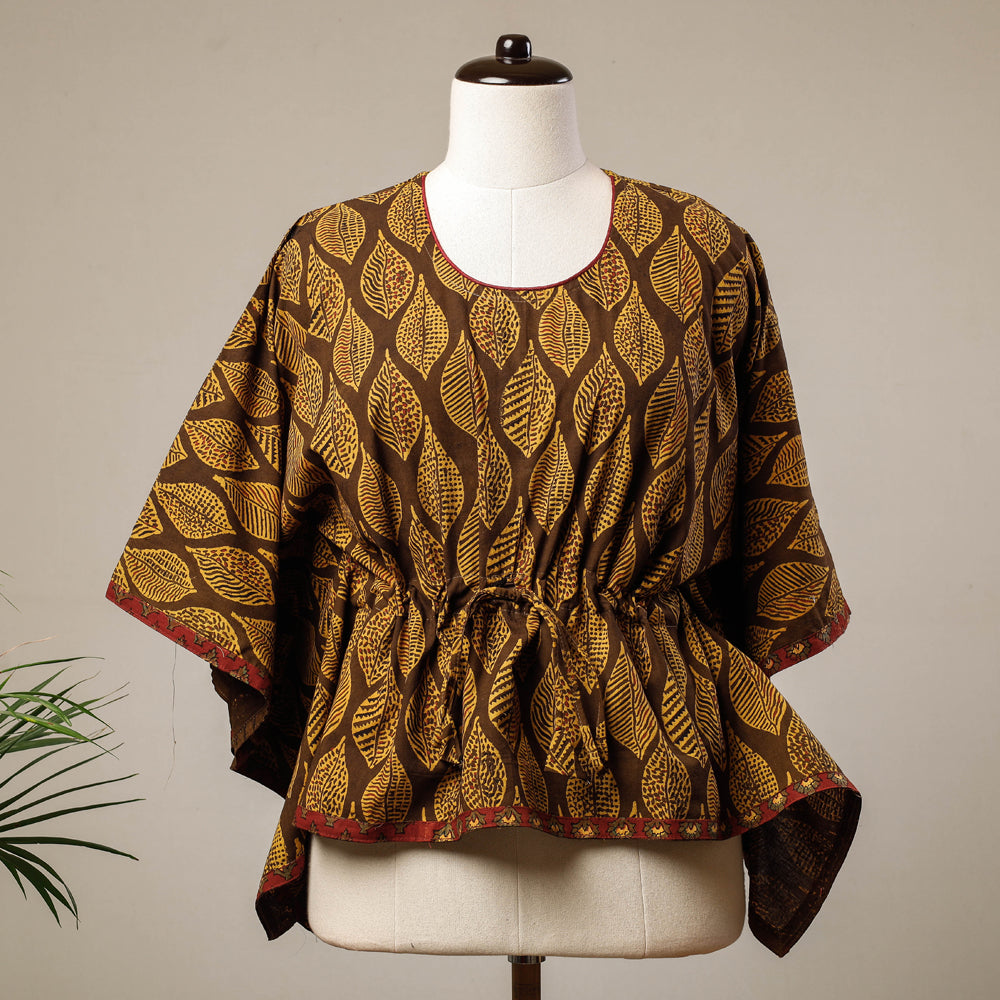 Brown - Ajrakh Hand Block Printed Cotton Kaftan with Tie-Up Waist (Short)