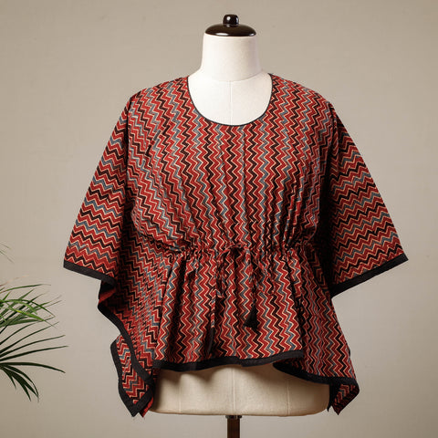 Red - Ajrakh Hand Block Printed Cotton Kaftan with Tie-Up Waist (Short)