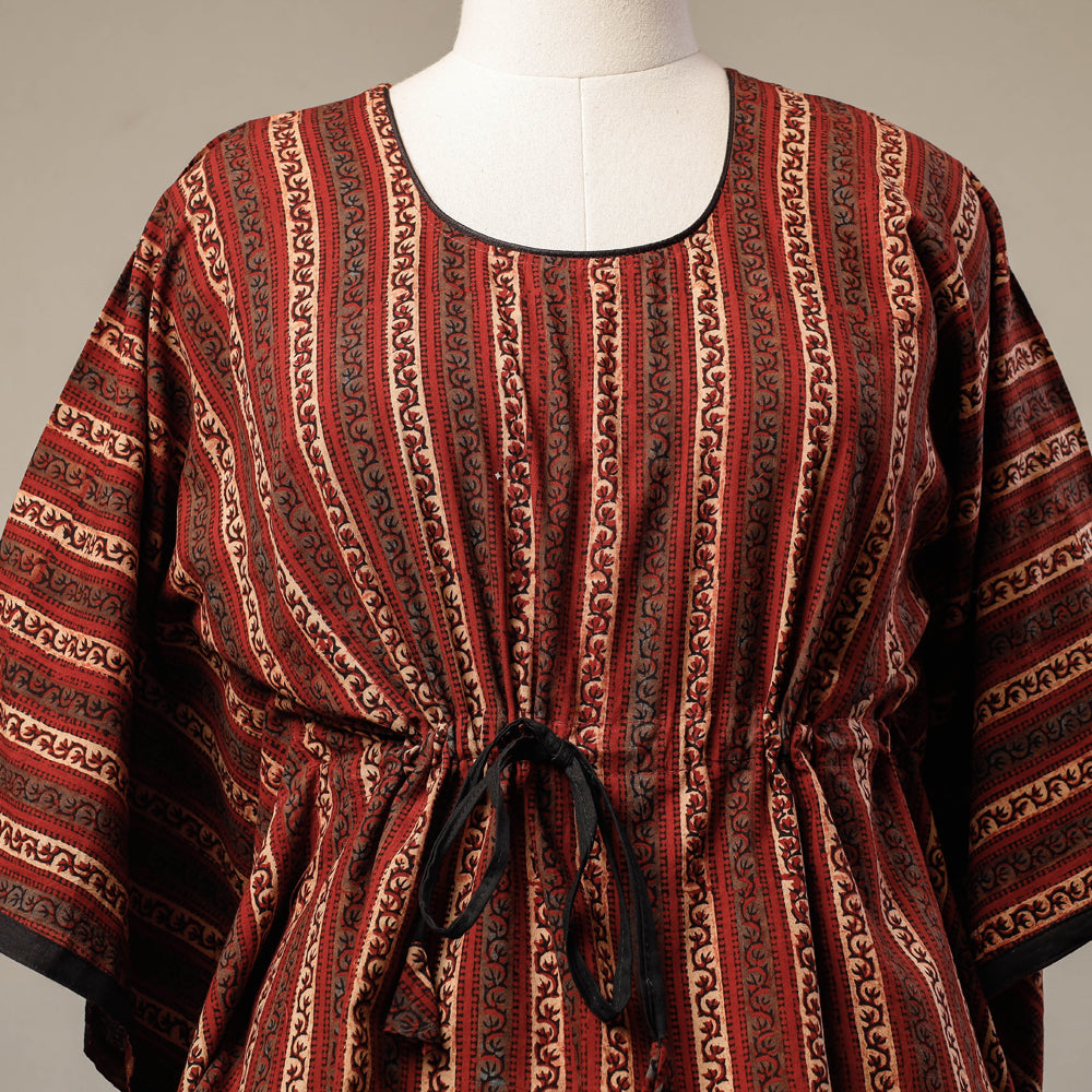 Red - Ajrakh Hand Block Printed Cotton Kaftan with Tie-Up Waist (Short)