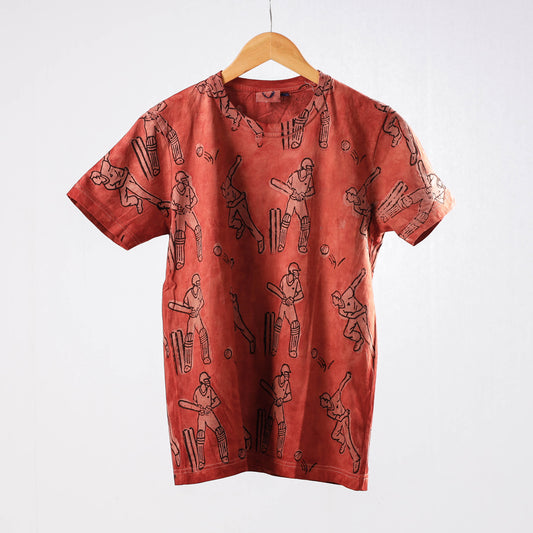 Red - Bindaas Block Art Prints Natural Dyed Cotton Round Neck T-shirt