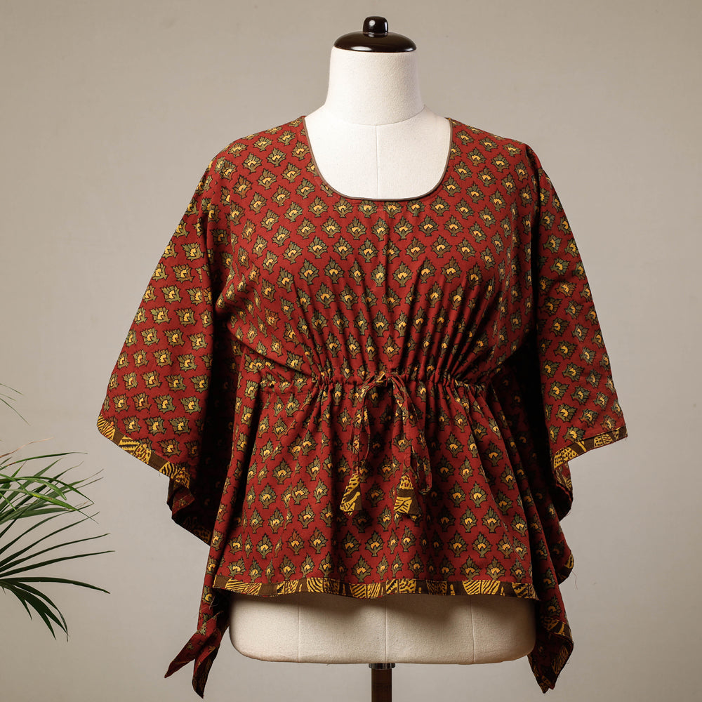 Red - Ajrakh Hand Block Printed Cotton Kaftan with Tie-Up Waist (Short)