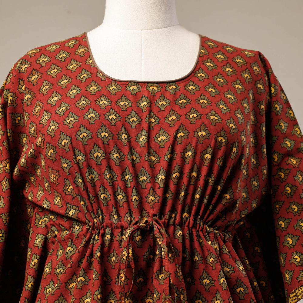 Red - Ajrakh Hand Block Printed Cotton Kaftan with Tie-Up Waist (Short)