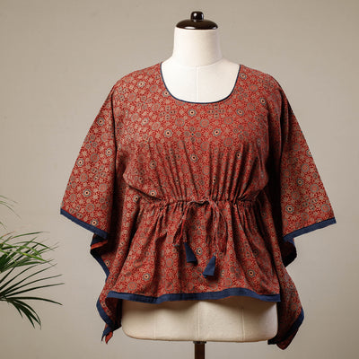 Red - Ajrakh Hand Block Printed Cotton Kaftan with Tie-Up Waist (Short)