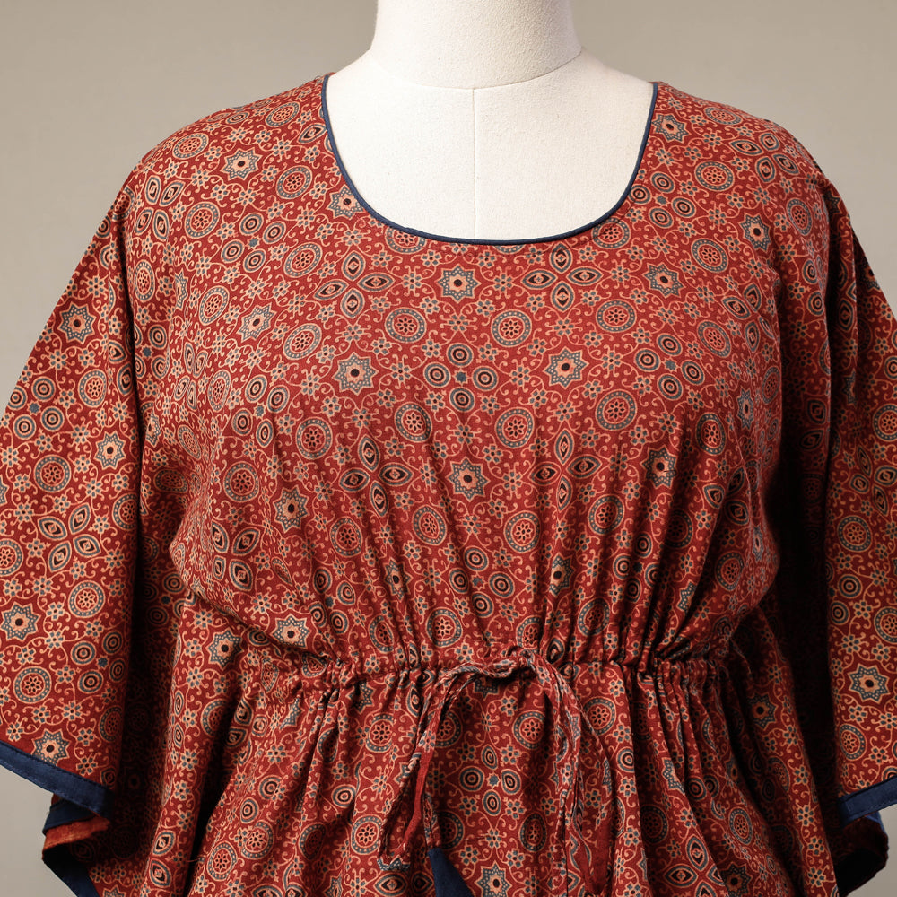 Red - Ajrakh Hand Block Printed Cotton Kaftan with Tie-Up Waist (Short)