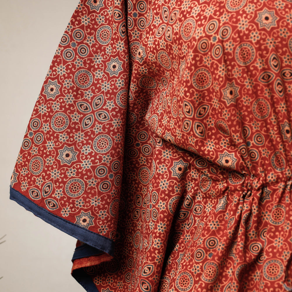 Red - Ajrakh Hand Block Printed Cotton Kaftan with Tie-Up Waist (Short)