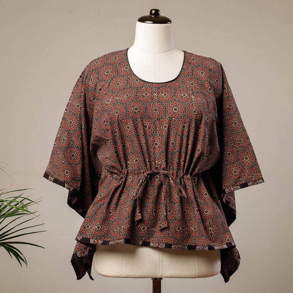 Brown - Ajrakh Hand Block Printed Cotton Kaftan with Tie-Up Waist (Short)