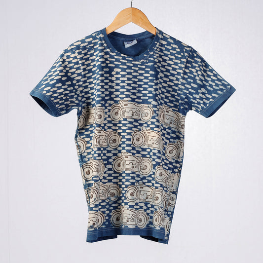 Blue - Bindaas Block Art Prints Natural Dyed Cotton Round Neck T-shirt