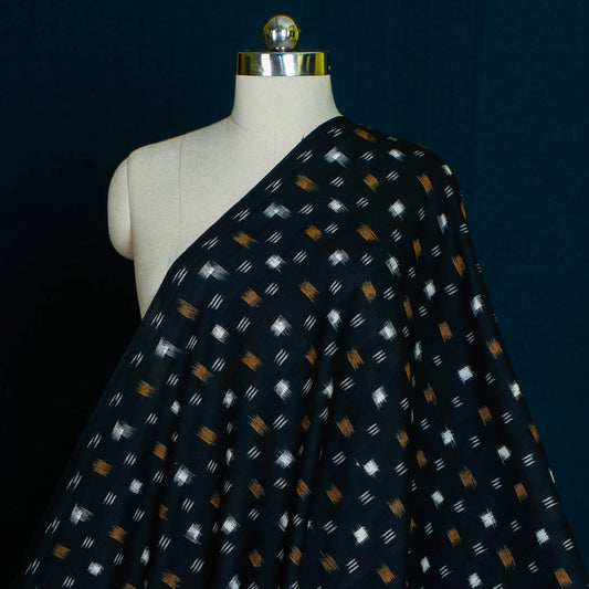 Dotted Butta On Black Pochampally Double Ikat Handloom Pure Cotton Fabric