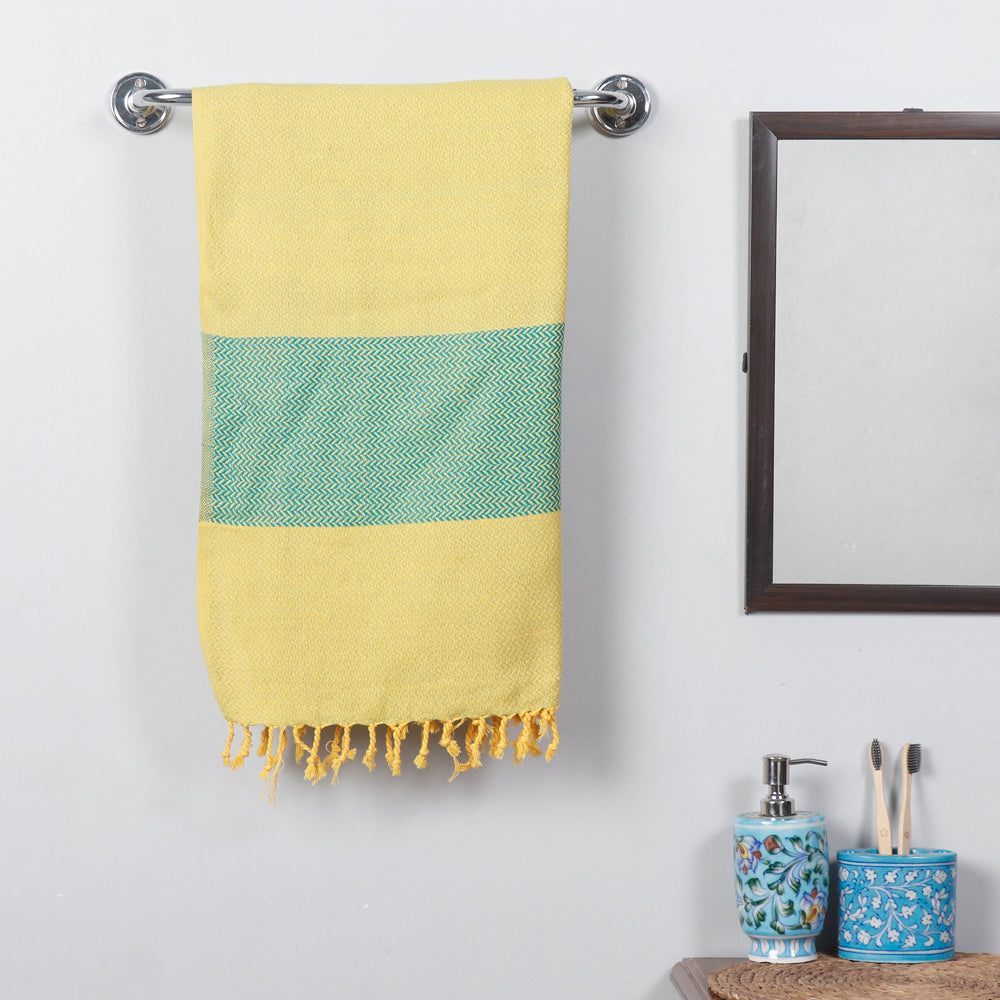 Yellow - Handloom Cotton Towel with Tassels from Bijnor by Nizam