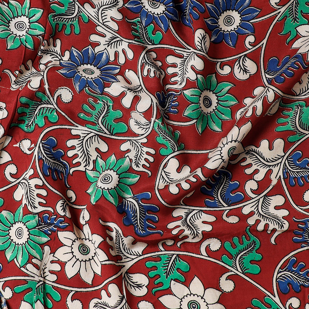 Red - Handpainted Srikalahasti Kalamkari Pen Work Chanderi Silk Precut Fabric
