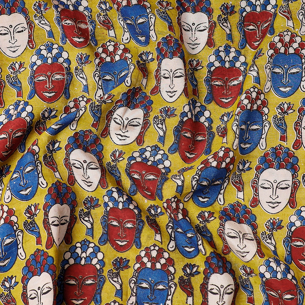 Yellow - Handpainted Srikalahasti Kalamkari Pen Work Chanderi Silk Precut Fabric (4.5 meter)