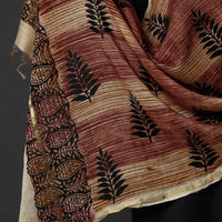 Brown - Bagru Block Printed Chanderi Silk Zari Border Dupatta with Tassels