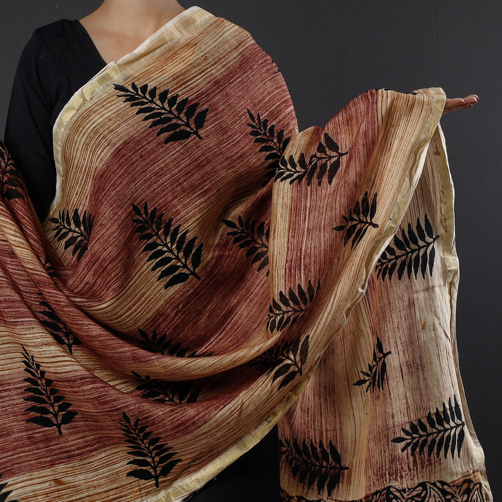 Brown - Bagru Block Printed Chanderi Silk Zari Border Dupatta with Tassels