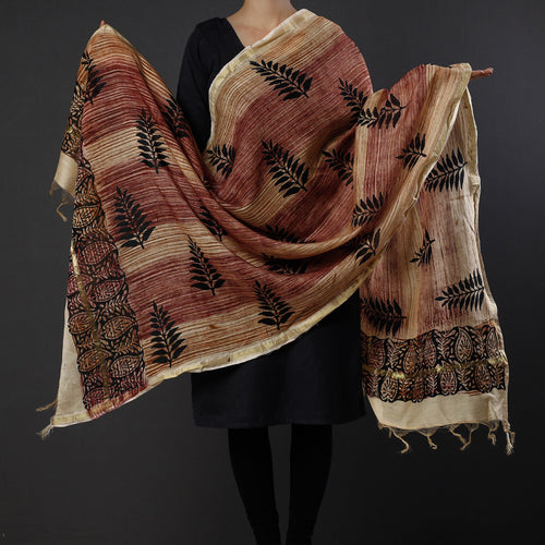 Brown - Bagru Block Printed Chanderi Silk Zari Border Dupatta with Tassels