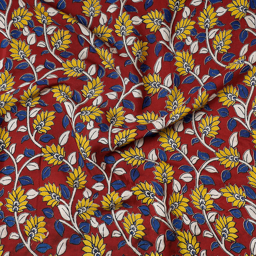 Red - Handpainted Srikalahasti Kalamkari Pen Work Chanderi Silk Precut Fabric (1.5 meter)