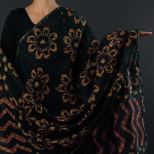 Green - Bagru Block Printed Chanderi Silk Zari Border Dupatta with Tassels