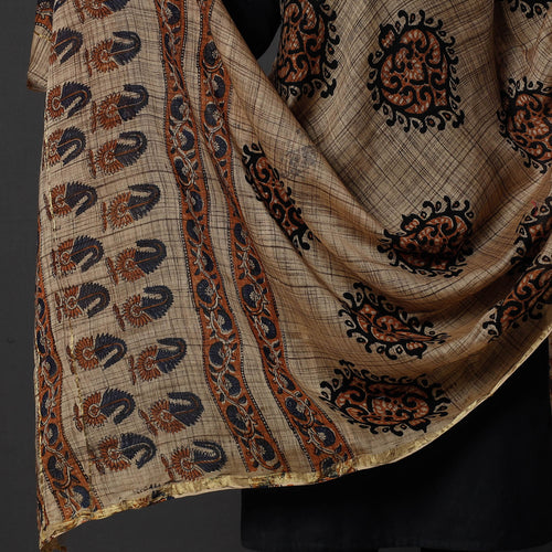 Brown - Bagru Block Printed Chanderi Silk Zari Border Dupatta with Tassels