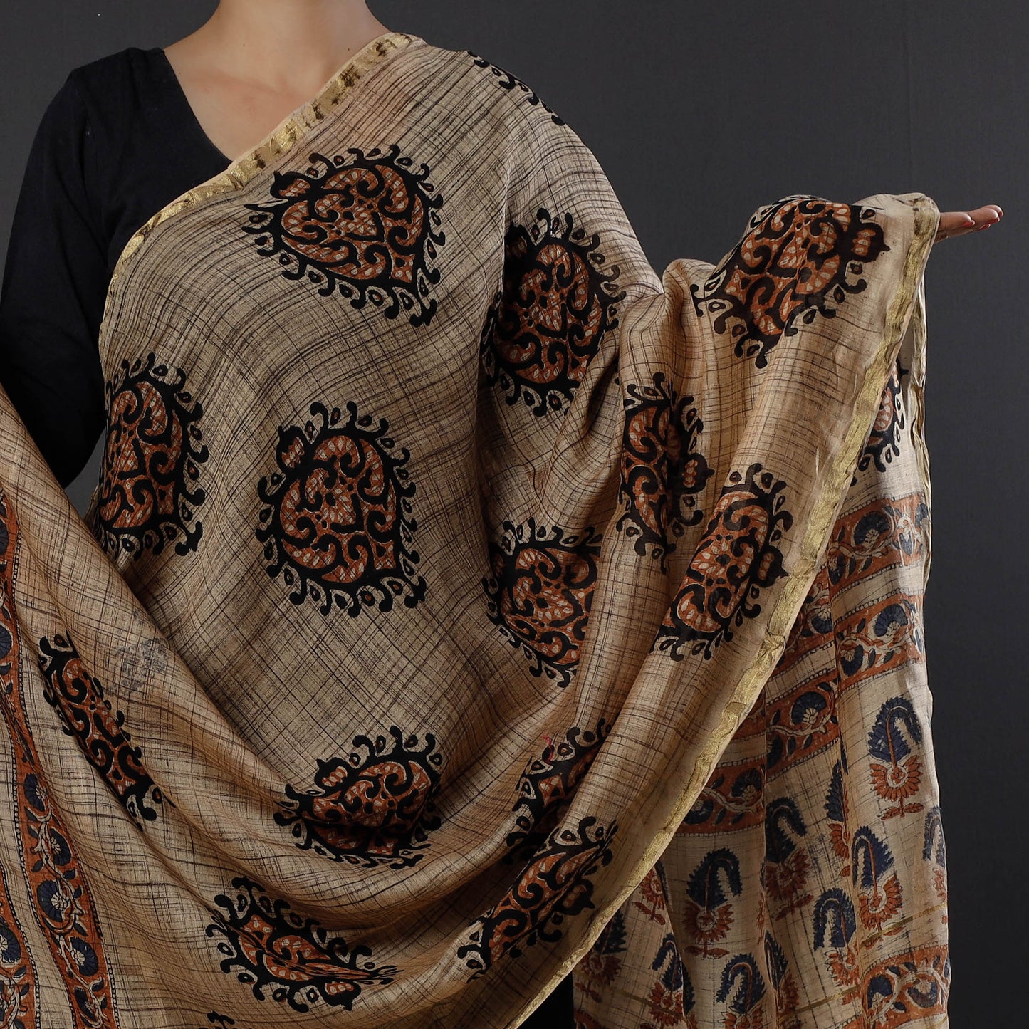 Brown - Bagru Block Printed Chanderi Silk Zari Border Dupatta with Tassels