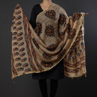 Brown - Bagru Block Printed Chanderi Silk Zari Border Dupatta with Tassels