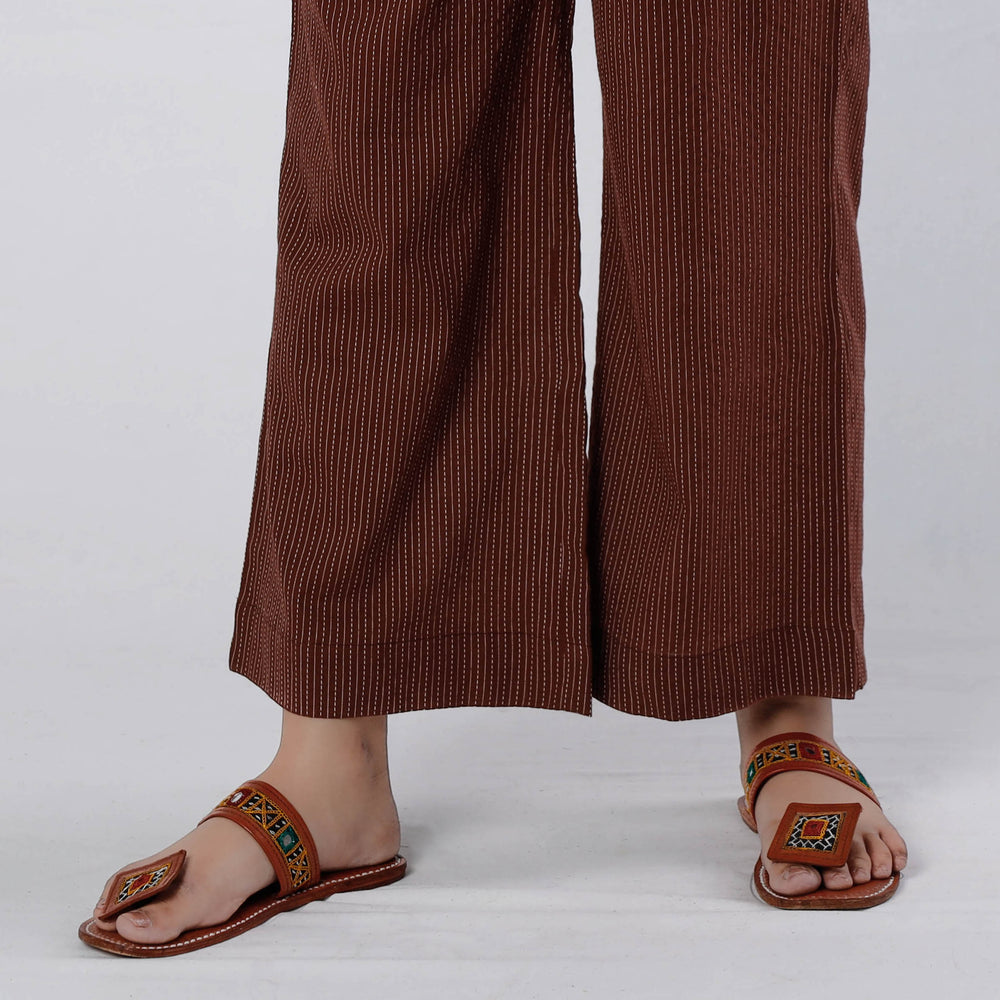 Brown Running Stitch Cotton Palazzo by iTokri Casuals