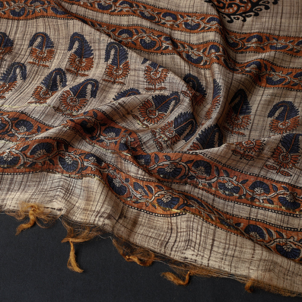 Brown - Bagru Block Printed Chanderi Silk Zari Border Dupatta with Tassels