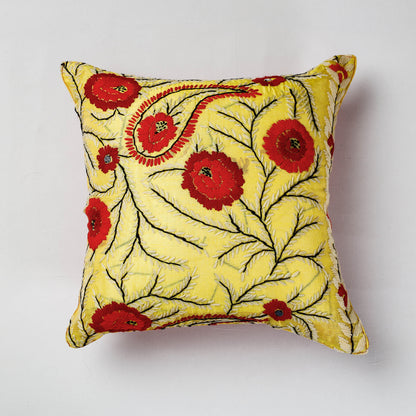 Yellow - Phulkari Hand Embroidered Chanderi Silk Cushion Cover (16 x 16 in)