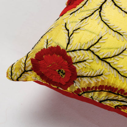 Yellow - Phulkari Hand Embroidered Chanderi Silk Cushion Cover (16 x 16 in)