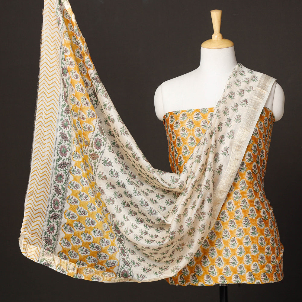 3pc Sanganeri Block Print Chanderi Silk Gota Patti Work Suit Material Set  by HAVELI CHRONICLES l iTokri आई.टोकरी