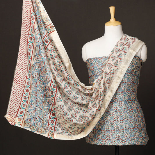 Blue - 3pc Sanganeri Block Printed Maheshwari Silk Suit Material Set
