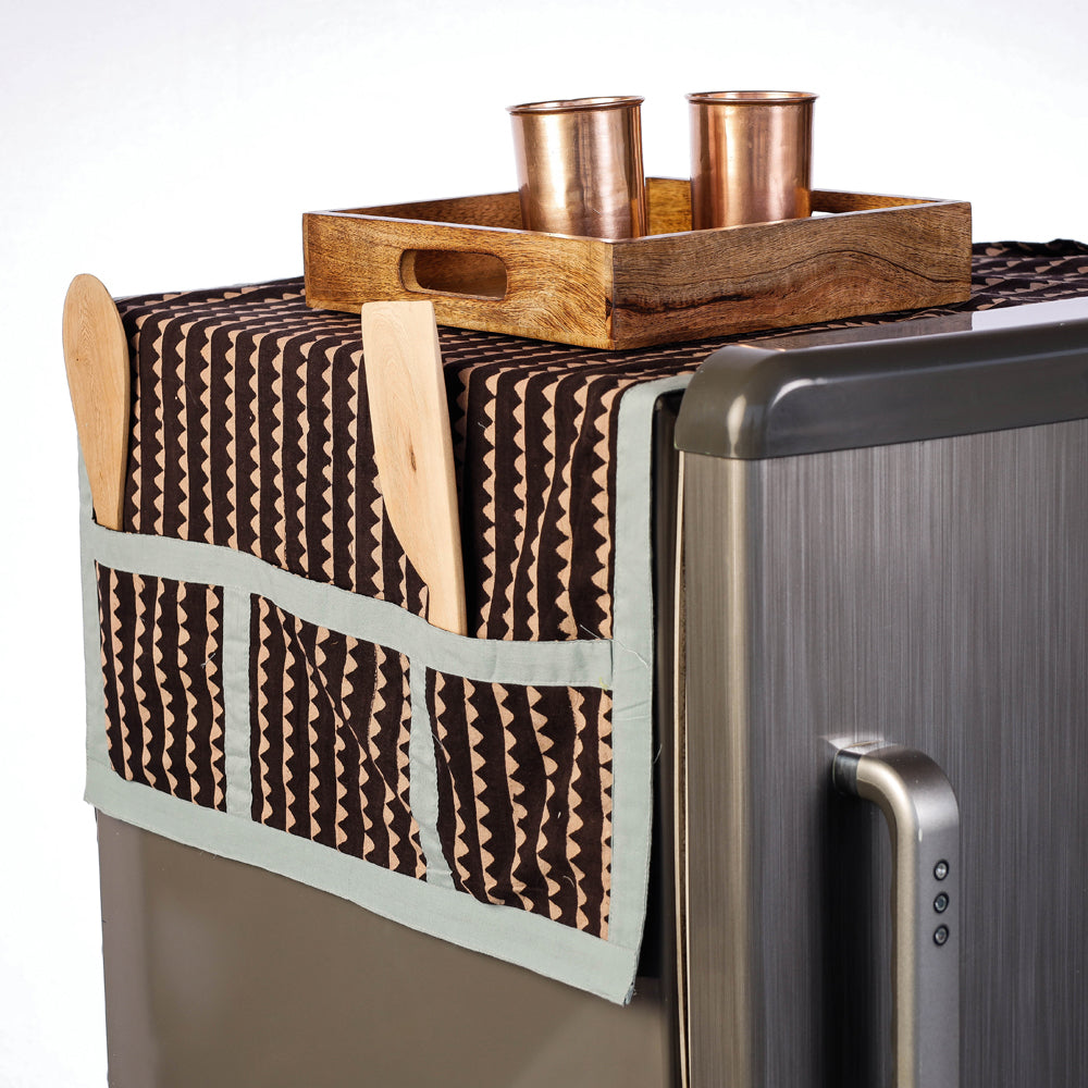 Black Hand Block Print Cotton Fridge Top Cover with Pockets