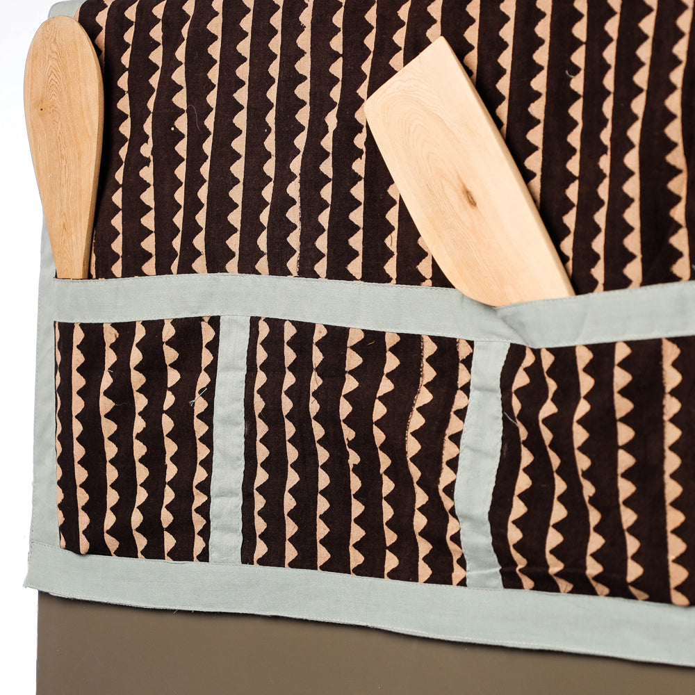 Black Hand Block Print Cotton Fridge Top Cover with Pockets